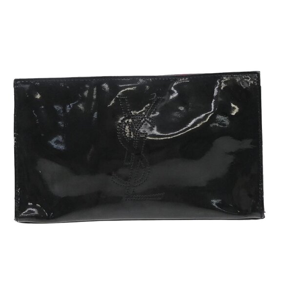 YVES SAINT LAURENT YSL Logo Pouch Bag Patent Leather Black Pink GHW 03KB043 - Picture 1 of 13